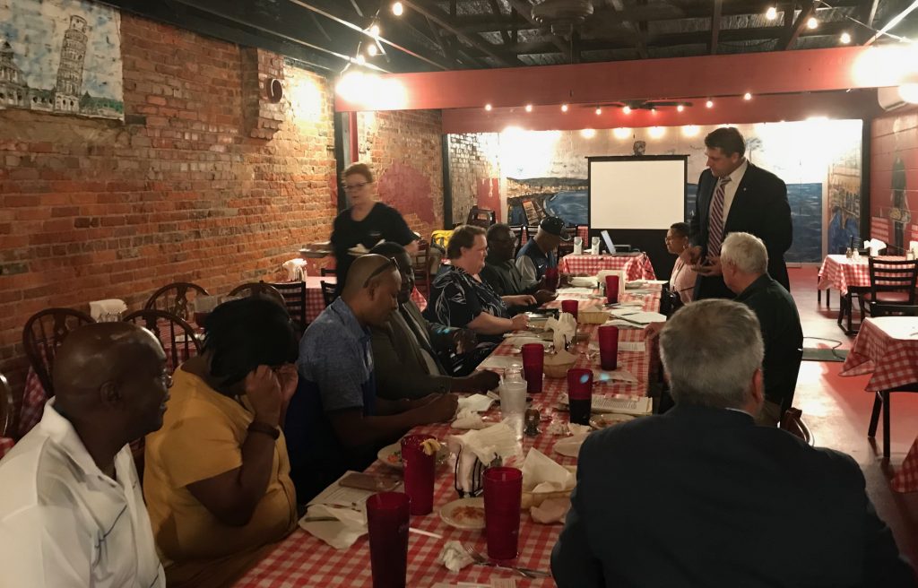  /> <span>The gathering of mayors in Mississippi with representatives from Senator Roger Wicker’s staff.</span></p>
<p>Down in <strong>Mississippi,</strong> six mayors from the east-central part of the state gathered to meet with Senator Roger Wicker. In addition to Quitman Mayor Eddie Fulton, who organized the meeting, Meridian Mayor Percy Bland, Louisville Mayor Will HIll, Heidelberg Mayor Wilbert Carr, Philadelphia Mayor James Young, and Morton Mayor Gerald Keeton all attended. The Senator unfortunately had to miss the meeting to stay behind in Washington for a vote, but Andrew Hinkebein, the Senator’s Southern District Representative, heard their powerful call to support the First & Main blueprint and brought all of the local officials up to speed on the upcoming budget being developed for 2019. Senator Wicker has been and continues to be one of the most outspoken advocates for <a href=