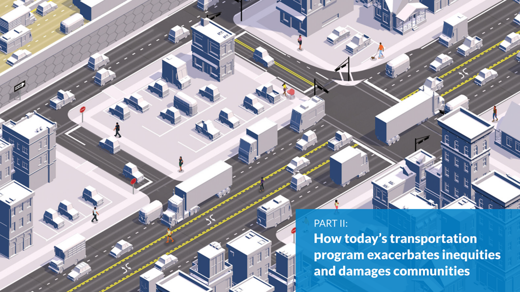 graphic showing a stylized scene a few blocks away from a highway running through a city neighborhood
