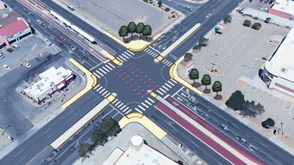 Medians and bus lanes hug drivers, signaling to them to slow down. Clearly marked crosswalks remind drivers to look out for pedestrians.